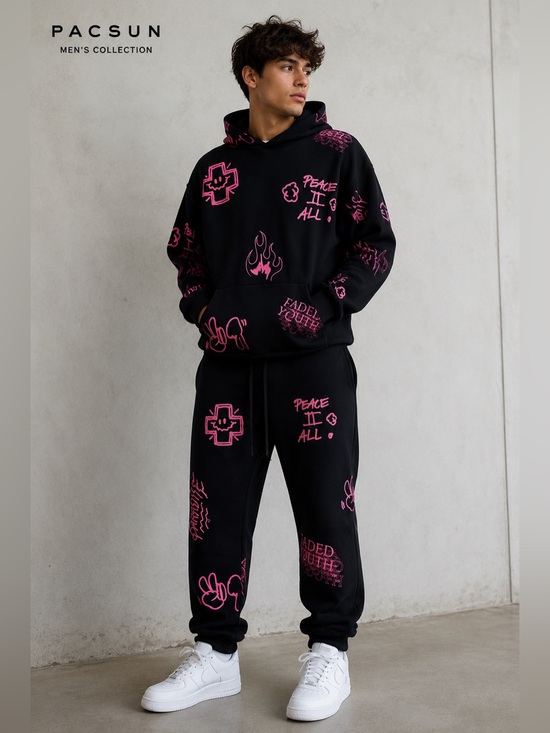 PacSun Other - Pacsun Mens Black & Pink Graphic Hoodie & Jogger Sweat Set - Streetwear - Medium
